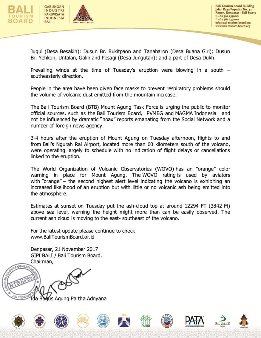 Bali tourism board official statement - Mount Agung