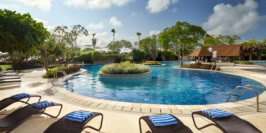 pool activities, Main pool located at the main building is suitable for lounging around