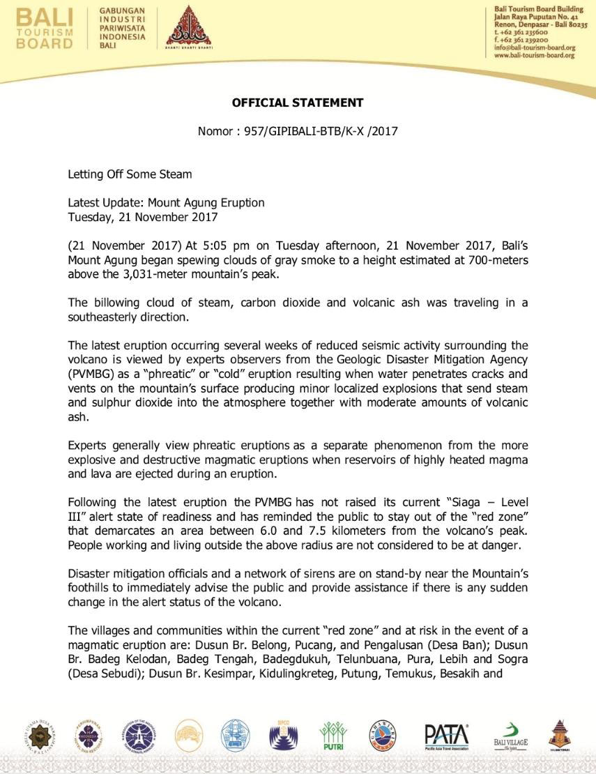 Bali tourism board official statement - Mount Agung