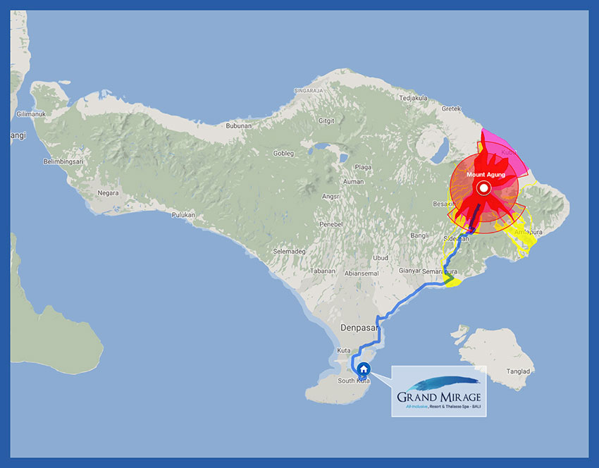 Map Bali, Kuta, Jimbaran, Nusa Dua, is about 75KM away from Mount Agung (Gunung Agung)